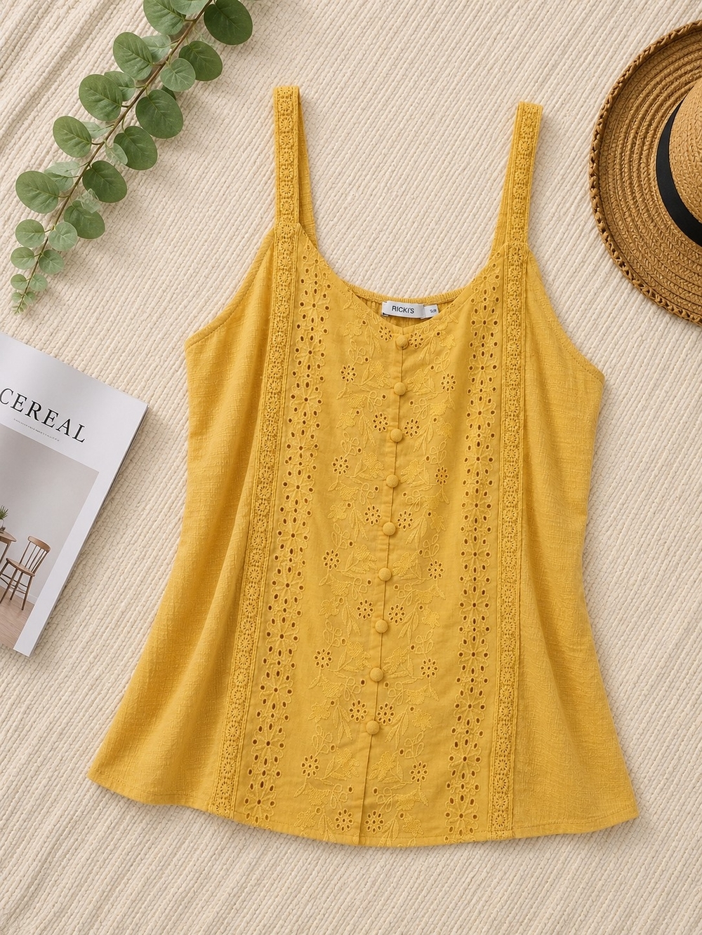 Ricki's Yellow Eyelet-Embroidered Cami Tank